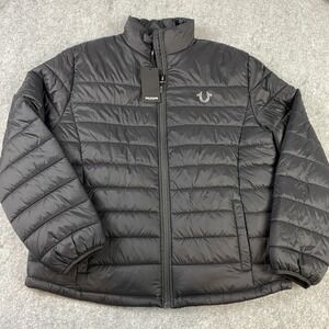True Religion Jacket Mens XL‎ Black HS LS Puffer Quilted Coat Logo Zip Y2K